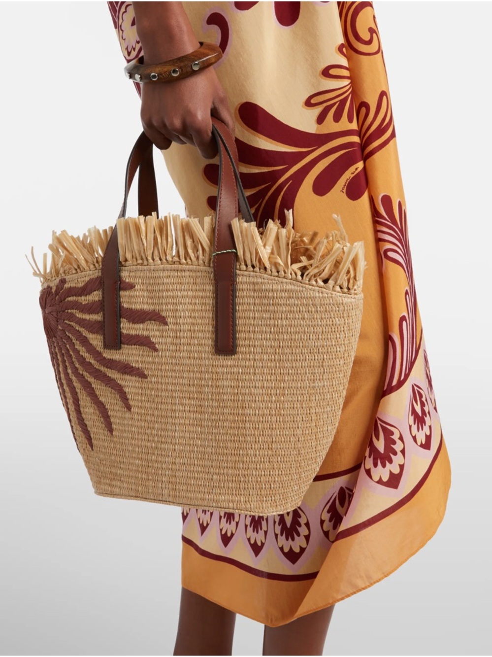 FARM Rio Natural Straw Tote with Brown Handles and Maroon Embroidery